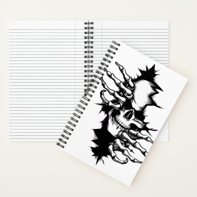 Cuaderno Calavera rasgando pared con manos de esqueleto (Interior)