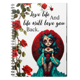 Cuaderno Calaveras de azúcar de rosas azul verdoso y rojo