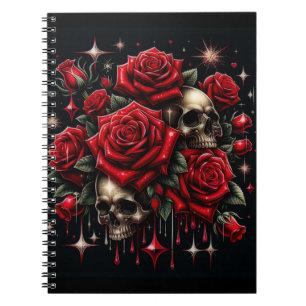 Cuaderno Calaveras doradas y rosas rojas brillan con glamou