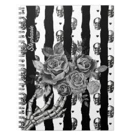 Cuaderno Calaveras y Rosas con Rayas Monocromáticas Góticas