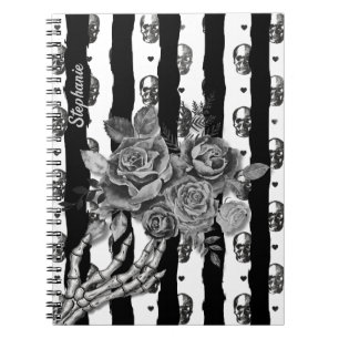 Cuaderno Calaveras y Rosas con Rayas Monocromáticas Góticas