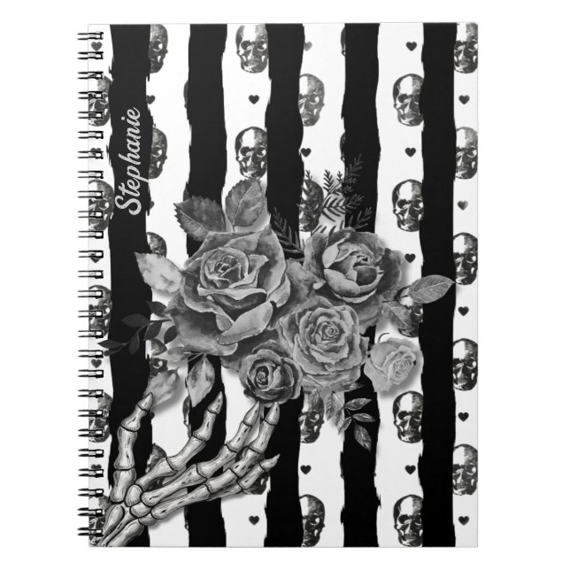 Cuaderno Calaveras y Rosas con Rayas Monocromáticas Góticas (Frente)