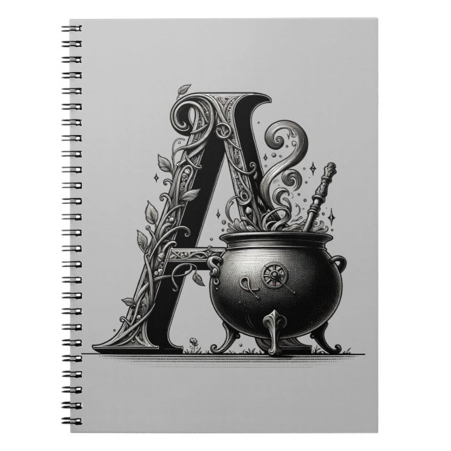 Cuaderno Caldero de Bruja Inicial de Letra A Grimorio (Frente)