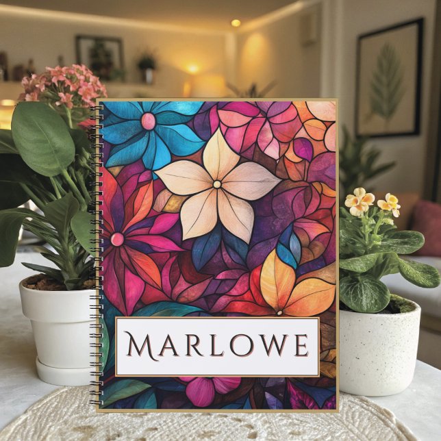 Cuaderno Caleidoscopio Floral de Vidrio Emplomado de Brillo (Artistic floral notebook featuring brilliant jewel, tone petals - stunning office supplies for notes)