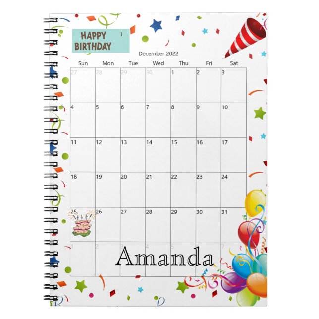 Cuaderno Calendario de Diciembre de 2022 Feliz Cumpleaños (Frente)