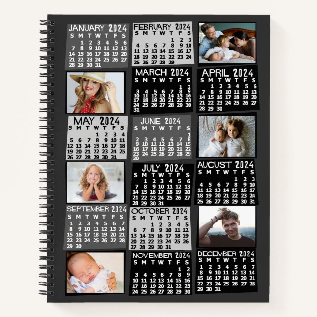 Cuaderno Calendario mensual 2024 Mod negro 12 Collage de fo (Anverso)