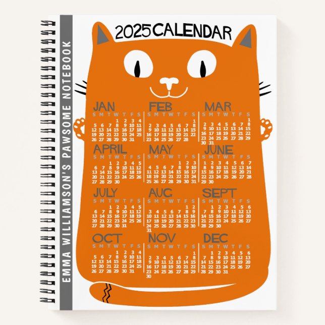Cuaderno Calendario mensual de 2025 años Naranja Cat de med (Anverso)