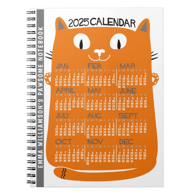 Cuaderno Calendario mensual de 2025 años Naranja Cat de med (Frente)