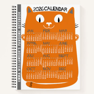 Cuaderno Calendario mensual del año 2026 Gato naranja de me