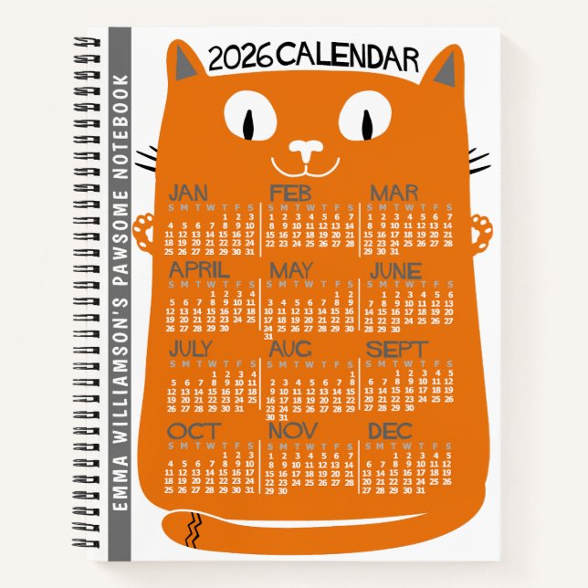 Cuaderno Calendario mensual del año 2026 Gato naranja de me (Anverso)
