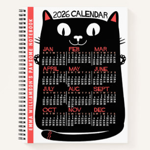 Cuaderno Calendario mensual del año 2026 Gato negro de medi