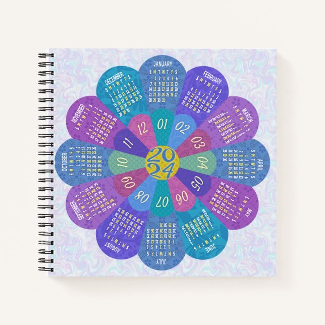 Cuaderno Calendario Único Boho Morado De Flor De Boho 2024 (Anverso)