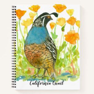 Cuaderno California Quail Bird Poppies Journal Watercolor