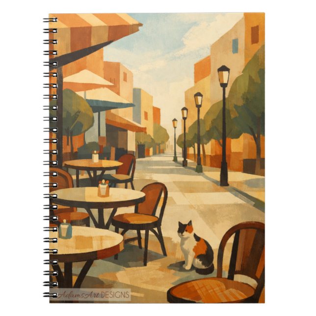 Cuaderno Calle de Café Soleado con Gato Calicó (Frente)