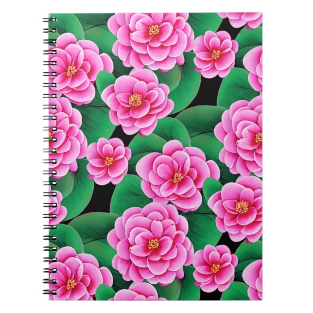 Cuaderno Camellias rosas de Fuchsia y hojas verdes de jade (Frente)