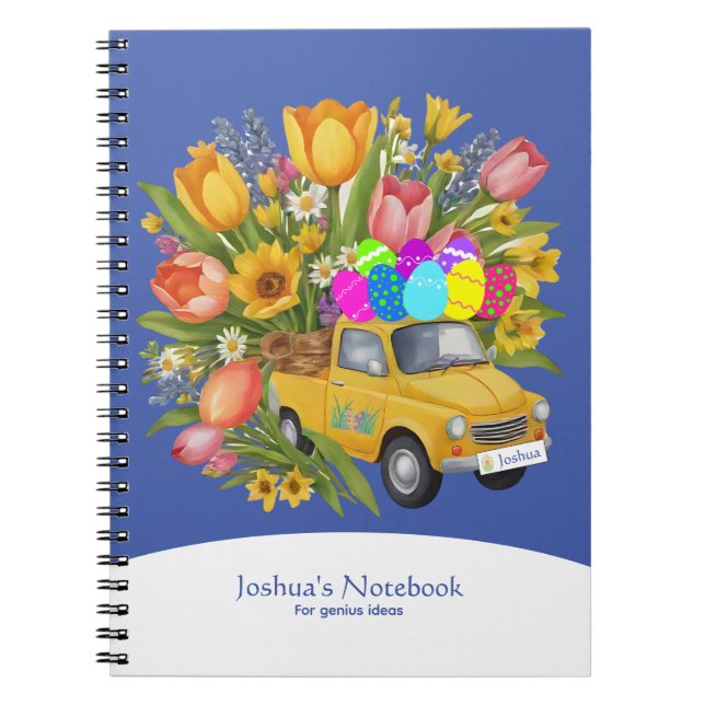 Cuaderno Camión amarillo personalizado con flores de huevos (Frente)