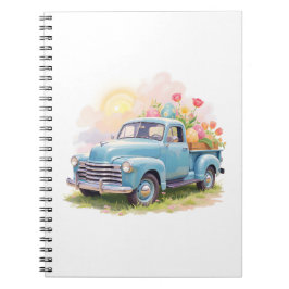 Cuaderno Camión Azul Antiguo con Huevos de Pascua y Tulipan