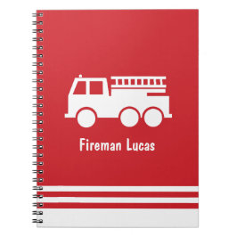 Cuaderno Camión de bomberos de niño pequeño con nombre rojo