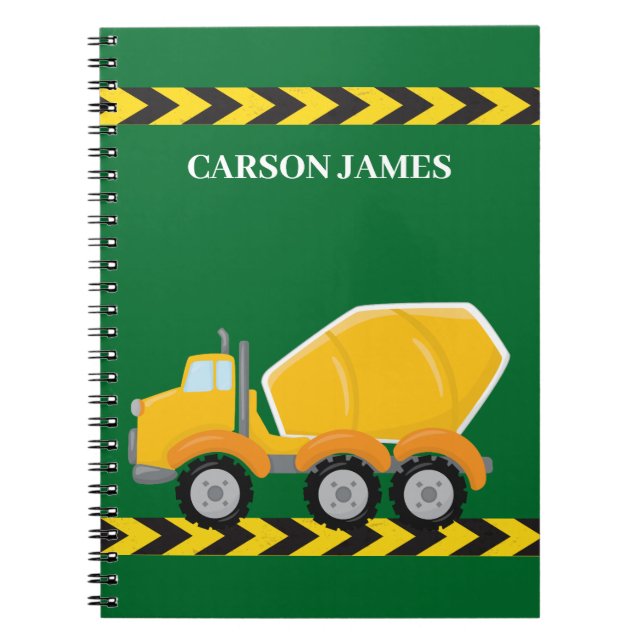 Cuaderno Camión de construcción para niños verde personaliz (Frente)