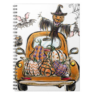 Cuaderno Camión de parche de calabaza de otoño con pájaro e