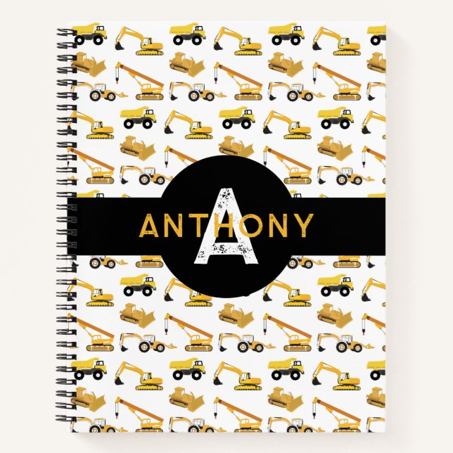 Cuaderno Camiones de construcción Vehículos Niños Monograma (Anverso)