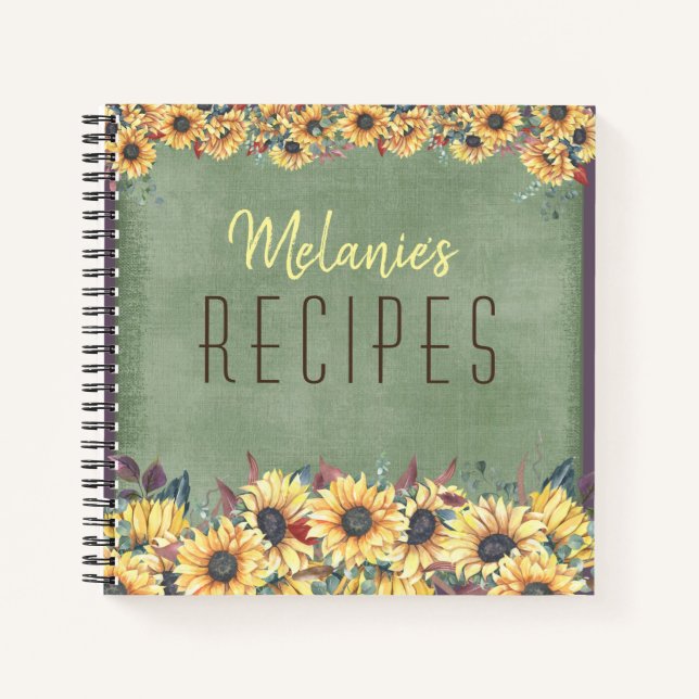 Cuaderno Campo de girasoles en receta verde personalizada (Anverso)
