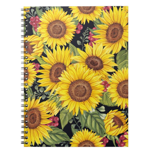 Cuaderno Campo de girasoles: fondo negro de acuarela (Frente)