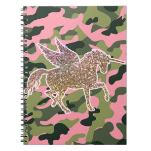 Cuaderno Camuflaje Rosa Verde Camo y Unicornio de Purpurina