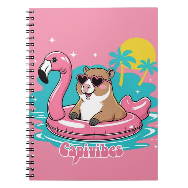 Cuaderno Capivara Estilosa no Verão com Boia Rosa (Frente)