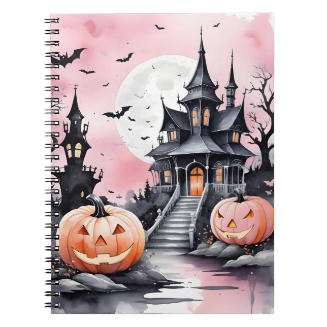 Cuaderno Caprichosa calabaza rosa de Halloween y mansión em (Frente)