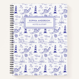 Cuaderno Caprichoso Dibujado a Mano Azul Costero con Faro
