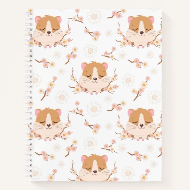 Cuaderno Cara de hámster linda y patrón de flores rosas (Anverso)