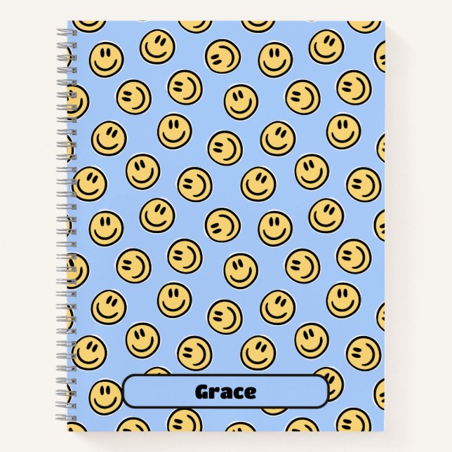 Cuaderno Cara Feliz Sonriente Azul Preppy Personalizada Est (Anverso)