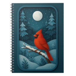 Cuaderno Cardenal iluminado por la luna en bosque invernal