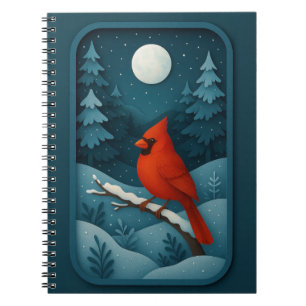 Cuaderno Cardenal iluminado por la luna en bosque invernal