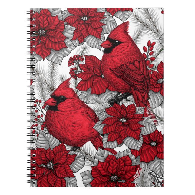Cuaderno Cardenales y poinsettia en rojo y blanco (Frente)