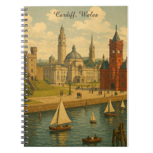 Cuaderno Cardiff de viaje vintage, Wales Landmarks Retro