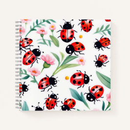 Cuaderno Cariñosas mariquitas y patrón de flores blanco
