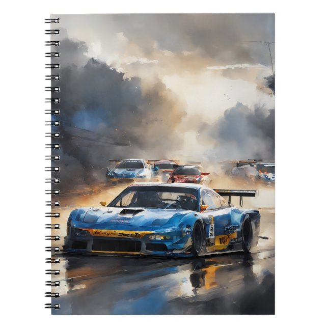 Cuaderno Carro de carreras azules con el Sun Rising (Frente)