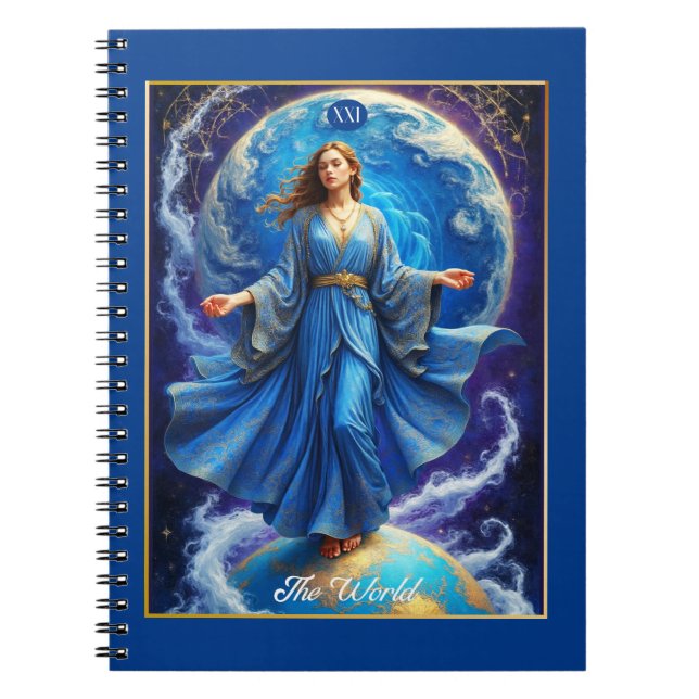 Cuaderno Carta de Tarot, el Mundo, en Azul Profundo (Frente)