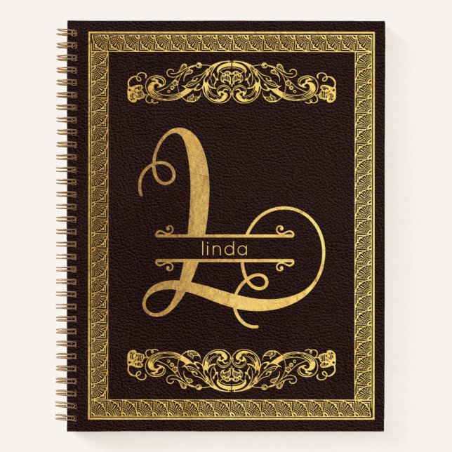 Cuaderno Carta dorada L & Name on Brown Leather Monogramed (Anverso)