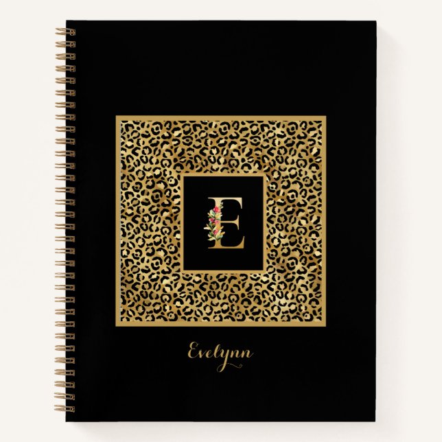 Cuaderno Carta Monograma personal E de Leopard Gold moderna (Anverso)