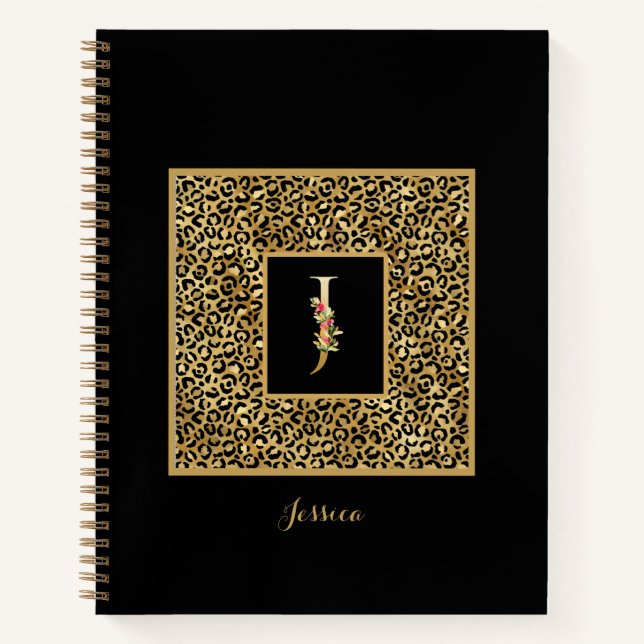 Cuaderno Carta Monograma personal J de Leopard Gold moderna (Anverso)