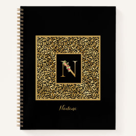 Cuaderno Carta Monograma personal N de Leopard Gold moderna