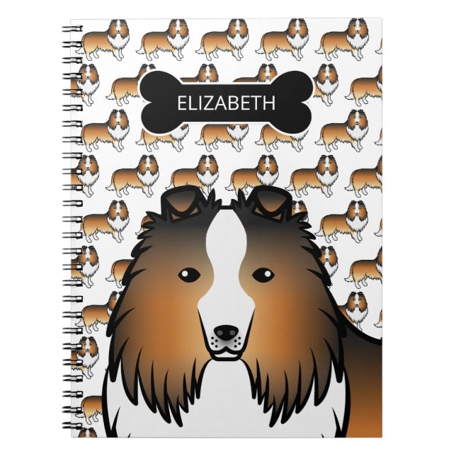 Cuaderno Cartoon de Sheltie Sable con Hueso de Perro y Nomb (Frente)