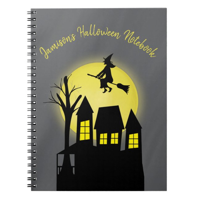 Cuaderno Casa atormentada y bruja voladora con luz de la lu (Frente)