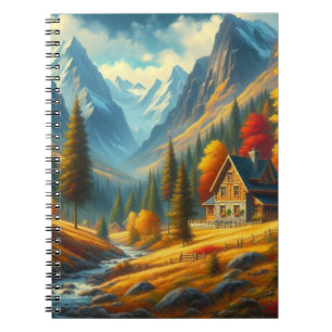 Cuaderno Casa de montaña rústica y río de otoño