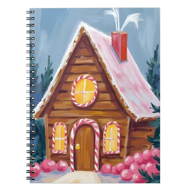 Cuaderno Casa de Pan de Jengibre Rosa Navidad Acuarela (Frente)