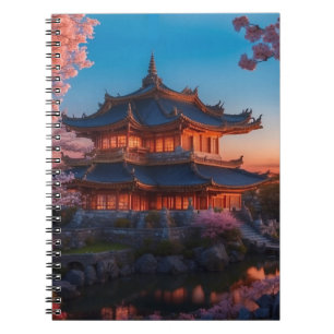 Cuaderno Castillo asiático de la puesta de sol del jardín