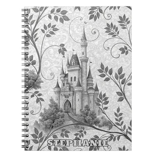 Cuaderno Castillo de cuento de hadas a escala de grises con (Frente)